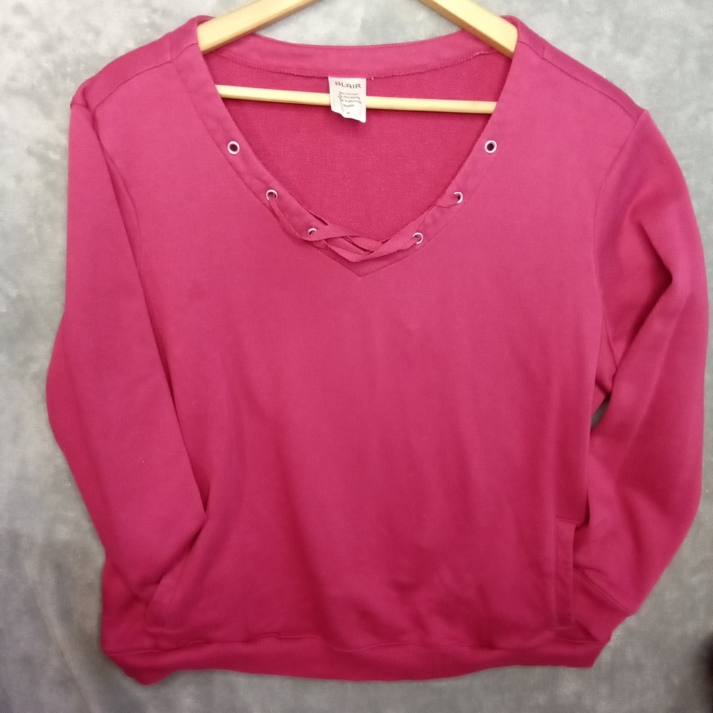 BLAIR Pink Long Sleeve Lace Up V Neck Sweatshirt Top Women's XL